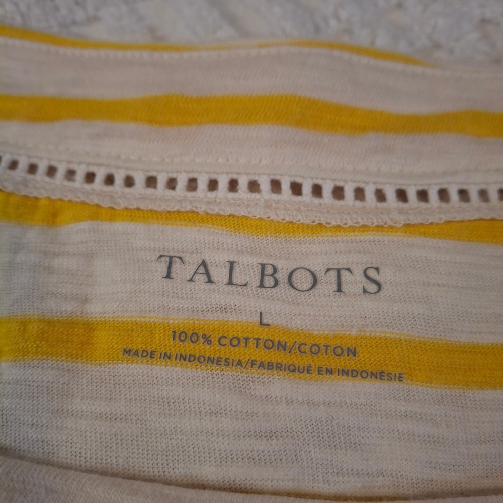 Talbots Womens Large Top Yellow White Striped Square Neck Lace Trim 3/4 Sleeve - Picture 4 of 6